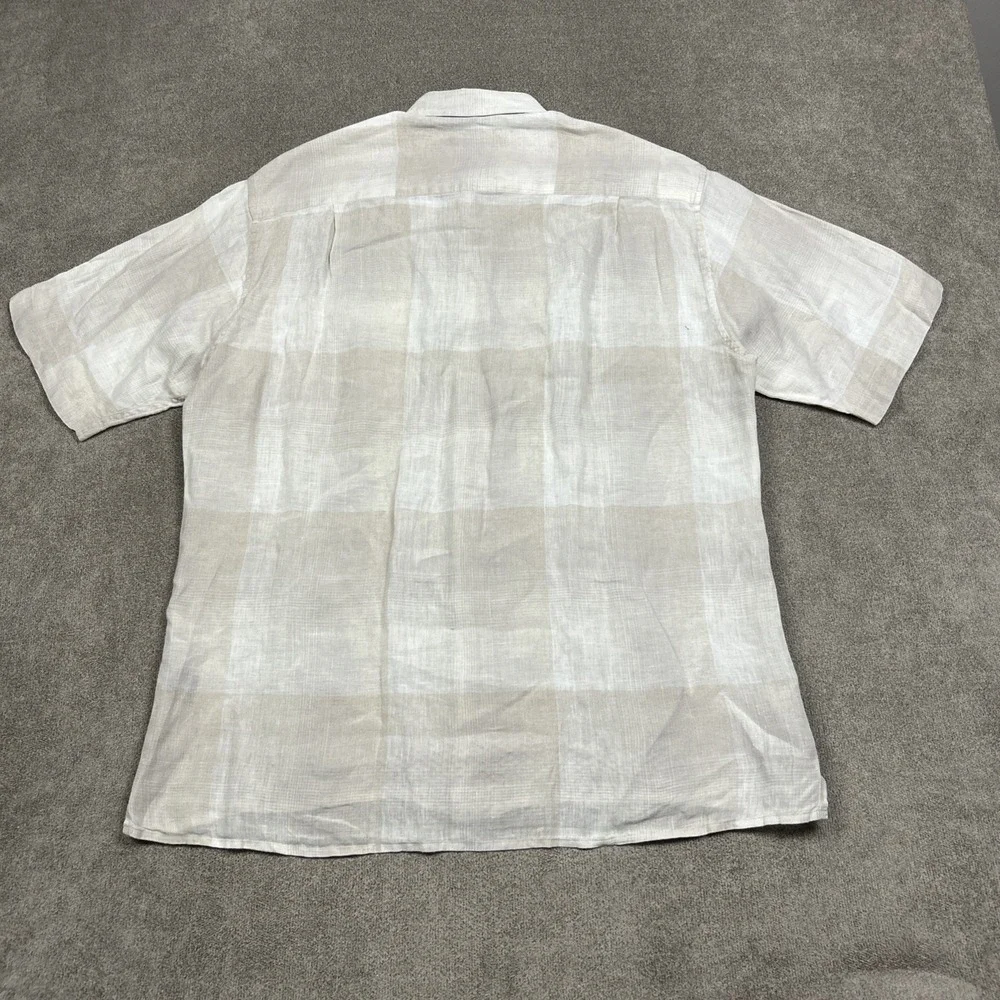 Bugatchi Uomo 100% Linen Shirt Mens M Beige Plaid Short Sleeve Button Up